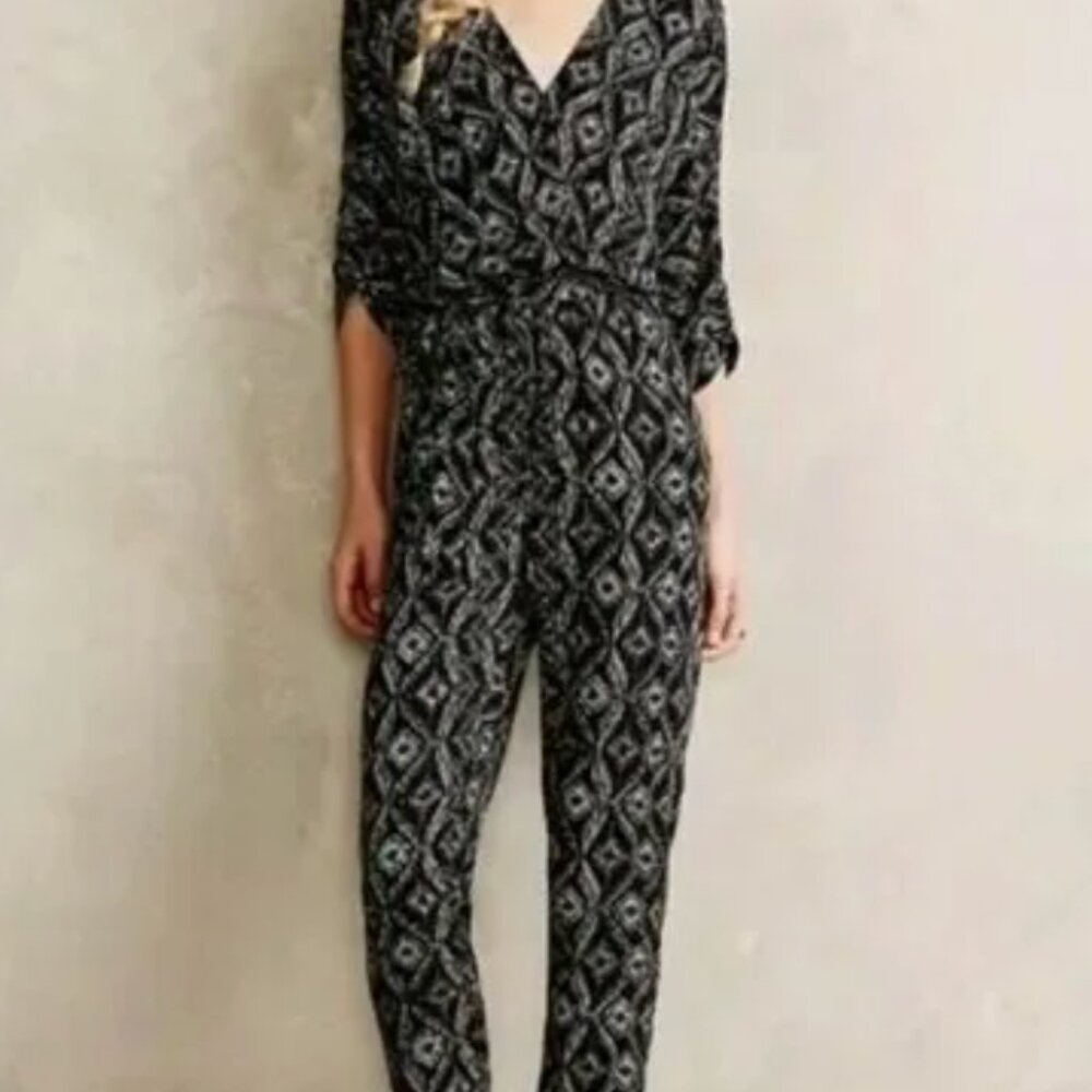 Anthropologie Black Printed Wrap Jumpsuit